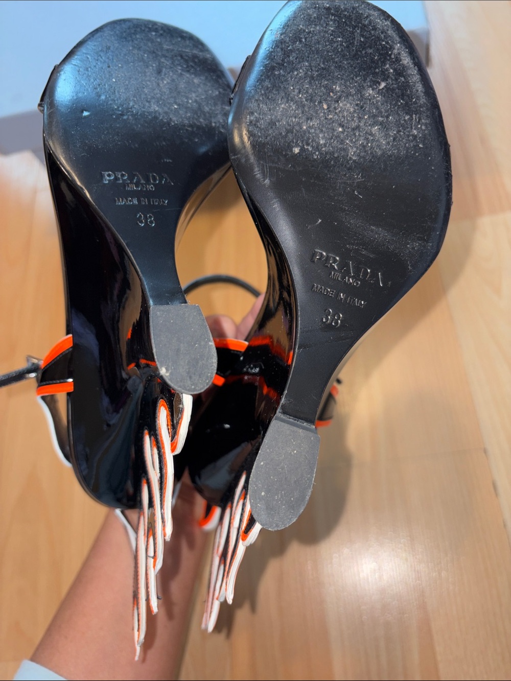 Prada Black Patent Leather Sandals with Red and White Flame Accents - Picture 7 of 10